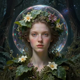 sopa bubble in forest, studio portrait, symetric, organic, flower, leaf, cosmic, futuristic, global illumination, radiant light, stellar background, portrait, highly detailed, deep focus, elegant, digital painting, smooth, sharp focus, illustration, ultra realistic, 8 k, by peter mohrbacher