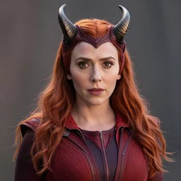 A portrait of elizabeth Olsen as scarlet witch with horns, cinematic, digital art, amazing detail