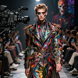 high fashion male model runway photography high concept clothing inspired by h. r. giger paintings, film camera, canon eos, horror