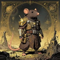 a battle ready anthropomorphic rat with ornate tactical gear on an abandonment otherworldly planet, high intricate details, long shot, rule of thirds, golden ratio, graphic novel by fiona staples and dustin nguyen, by beaststars and orange, peter elson, alan bean, studio ghibli, makoto shinkai