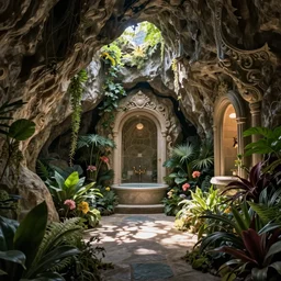 bathhouse hidden in a cave, natural light, lush plants and flowers, elegant, intricate, fantasy, atmospheric lighting, by Greg rutkowski