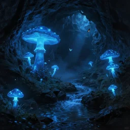 a mystical cave with  glowing blue mushrooms, a stream of water, dark rocks, shadows, atmospheric, butterflies, misty, masterpiece, very detailed, cold blue light, trending on artstation, hyperrealistic, painted by Jessiah Thomason