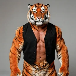 shredded physique portrait furry orange striped Mike tyson the champion disguised as a tiger wearing a black vest robert rauschenberg norman rockwell greg rutkowski giorgio de chirico