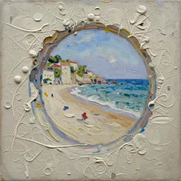 palette knife painted painting of a three - dimensional thick impasto oil painting of a beautiful italian beach scene, seen through complex stringy globular texture, lots of thick encrusted paint, vast amounts of wax - like lines of dripping oil paint cover nearly everything, painted by monet signac and frank auerbach, background thick encrusted paint