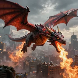 dragons flying over city with flames coming from their mounths, epic scene