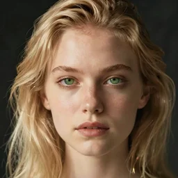 a person with blonde hair and green eyes