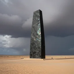 a long shot national geographic photograph by carr clifton depicting a huge black irridescent monolithic war memorial towering above the ground in an arid desert landscape with roiling storm clouds