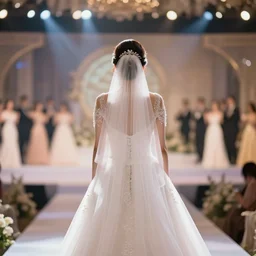 a back view of a bride in a wedding dress looking at a dancing stage with bokeh light effect in the background