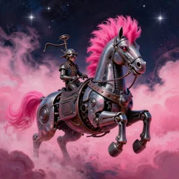 space, a mechanical horse with a pink mohawk drives a pirate spaceship, punk, hyperdetailed illustration, stars, pink, neon, oil painting, rich deep colors masterpiece, ultra detailed, contrast, heaven pink, clouds, volumetric light, atmospheric lighting, dramatic, cinematic, moody, octane render 4 k, 8 k