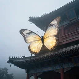 in the misty morning, cloudy day, a giant, glowing butterfly perched on the ancient chinese architecture, by craig mullins