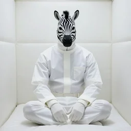 an inmate wearing white straight jacket and a black and white zebra mask sitting inside a white padded room, anime film still from the an anime directed by Katsuhiro Otomo with art direction by Salvador Dalí, wide lens