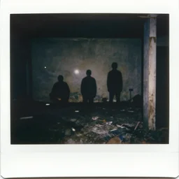 grainy polaroid photos of a dark abandoned room with three dark shadowy human figures lit by camera flash - n 9