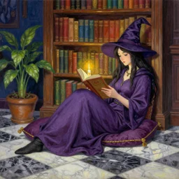 a pastel painting of a woman wizard lounging on a purpur pillow on the marbled checkered floor in front of her bookcase in a library, reading an ancient tome. to the side is a potted plant, candlelit raytracing. ancient retrofuturistic fantasy setting. 4 k key art. by yoshitaka amano and mark tedin