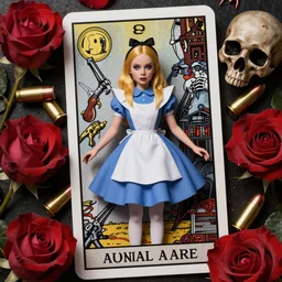 Alice in Wonderland,roses, bullets, guns,death tarot card,highly detailed,half skull face,cinematic,8k,by Stanley Artgermm,Tom Bagshaw,Greg Rutkowski,Carne Griffiths, Ayami Kojima, Beksinski, Giger,trending on DeviantArt,hyper detailed,horror, full of colour