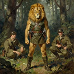 anthro lion soldier in the forest during world war 1, character design, painting by gaston bussiere, craig mullins, j. c. leyendecker, tom of finland