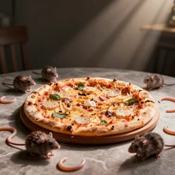 delicious pizza on the table, small rats, worm dynamic lighting, product photo.