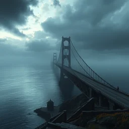 a singular fantasy very long black bridge across a big lake, dark fantasy matte painting by marc simonetti trending on artstation