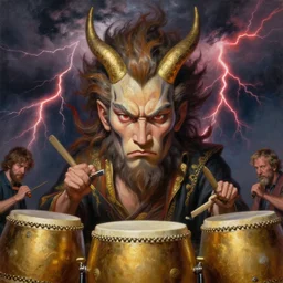 raijin with golden drums. strong storm with red lightning in the background. realistic, highly detailed, oil painting in a modern style, very detailed and symmetrical face, painted by greg rutkowski, sachin teng, thomas kindkade, tony sandoval, norman rockwelll