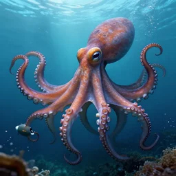 hyper realistic giant octopus holding a small submarine underwater, illustrated by greg rutkowski, beautiful volumetric lighting, intricate, ultra detailed, photorealistic, trending on artstation, octane render, 8 k