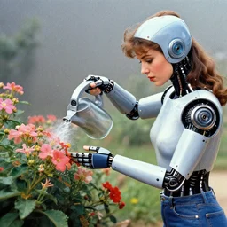 a woman cyborg watering flowers, airbrush painting, 1 9 8 0 s digital scan grain