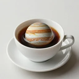 a teacup containing a planet Jupiter as a boiling liquid, hyper realistic and the third image prompt was a cup of coffee containing Jupiter