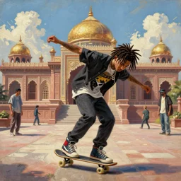 orientalist painting of 6ix9ine skating outside of a majestic temple, 8k, very intricate, very detailed,