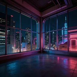 wide angle photo of 60‘s retro hacker from interior, neon-decorated urban on night in the city seen through the windows,modern interior design, architectural design, vintage, night blade runner, dark, postapocalyptic, clean lines, 4k, octane, colorful ,lunarcore city seen at distance outside, big windows,octane, wide angle