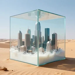 a huge glass cube with a cyberpunk city hidden inside, sea of milk, in the desert, photo realism, sunny day f / 1. 9 6. 8 1 mm iso 4 0