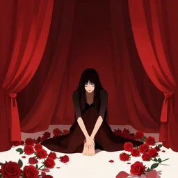lonely woman, surrounded by red curtains, red roses on the ground. intricate, dark enlightenment, sad, behind the scene, clean cel shaded vector art. shutterstock. behance hd by lois van baarle, artgerm, helen huang, by makoto shinkai and ilya kuvshinov, rossdraws, illustration, art by ilya kuvshinov