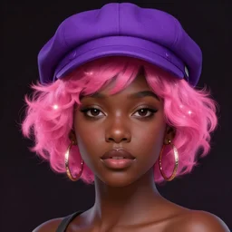 portrait of teenage vanessa morgan with bright pink hair, black girl, curly pixie cut hair, wearing a purple breton cap, breton cap, hoop earrings, intricate, elegant, glowing lights, highly detailed, digital painting, artstation, concept art, smooth, sharp focus, illustration, art by wlop, mars ravelo and greg rutkowski