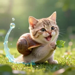 joyful snail - kitten eating a small delicious looking leaf, medium shot, radiant slime trail, vibrant, artstations, octane render, octane render, cinematic, art by greg rutkowski and igor kieryluk, photorealistic anamorphic lens