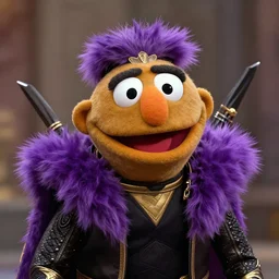 a medium close up photograph of gonzo the muppet as loki from the avengers. gonzo has a look of awe on his face and daggers made of purple fur.