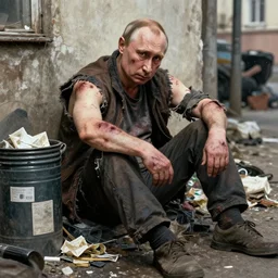 putin as homeless man!!!, alcoholic, city madman, torn clothes, bruises, dump, garbage can, artstation, artgerm, 8 k, highly detailed, rossdraws, frank frazetta, andrei riabovitchev, marc simonetti