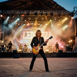 photograph of led zeppelin performing in stage!! at night with in the atacama desert by mark owen. kodak portra film!!. whirl bokeh!. mamiya 7. highly detailed. hq. photoreal. golden hour. in - frame