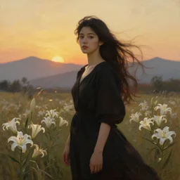 oil painting portrait of a young woman with long dark flowing hair in a black dress, standing in a windy field of white lilies at sunset with mountains in the background, hazy, digital art, chiaroscuro, artstation, cinematic, golden hour, digital art painting by greg rutkowski, william - adolphe bouguereau, 7 0 s japanese book art, hazy atmosphere, flowers, cinematic lighting