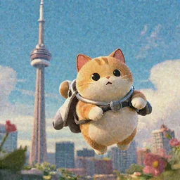 a wholesome illustration of a chubby cat with a jetpack flying near the Toronto CN tower, studio Ghibli,  Pixar and Disney animation, sharp, Rendered in Redshift and Unreal Engine 5 by Greg Rutkowski, Bloom, dramatic lighting