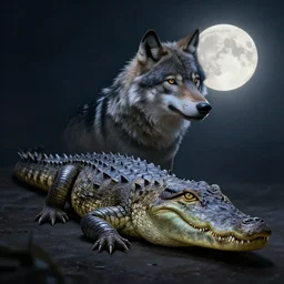 Furred crocodile with a wolve's head, concept art, illuminated by full moon, professional photoshop artwork, highly detailed, single subject