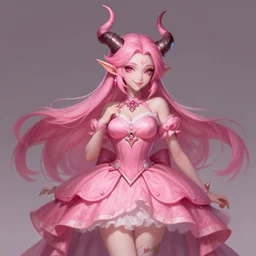 a highly detailed illustration of cute pink haired pale demon girl with horns wearing big pink dress, dramatic smile pose, intricate, elegant, highly detailed, centered, digital painting, artstation, concept art, smooth, sharp focus, league of legends concept art, wlop.
