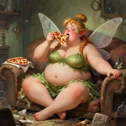 a very fat fairy sitting on a messy couch in a messy room, burping because she ate too much pizza, fantasy art, illustration, amazing detail, in the style of greg rutkowski, artgerm, cgsociety
