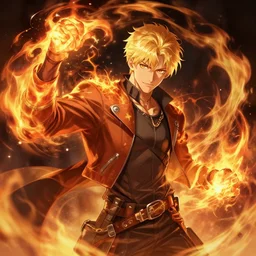 character art by wenjun lin, young man, blonde hair, on fire, fire powers
