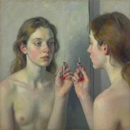 the point of needle injection throbbed red, no less than nine anecdotes have reached me of a twin seeing his or her reflection in a looking - glass, a hydrogen aesthetic alex colville painting