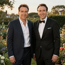 Nicolas Cage, golden hour, in a garden, artstation, by J. C. Leyendecker and Peter Paul Rubens,
