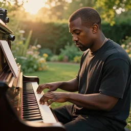 Kanye West playing the piano in the middle of a garden, vintage camera, dreamy, atmospheric, golden hour, cinematic lighting, 8K concept art