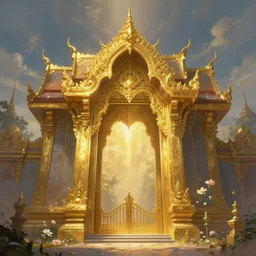 Gate of the gold temple. Lighting, bloom. Fantasy, digital painting, HD, 4k, detailed.