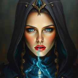 painting of the sorceress, portrait of a character in oil on canvas by gerald brom and greg rutkowski, masterpiece, fantasy art, artstation headquarters