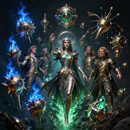 the female arcanist and the male artificer by zacharias aagaard and albert bierstadt and gerald brom and zdzisław beksinski and james gilleard and wayne barlowe and marc simonetti and jean delville, highly detailed, hyperrealistic, intricate, floating metallic objects, energy, electricity, blue flames, low light, glowing green crystals, high contrast