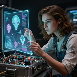 beauty young space woman analysing in a hologram with alien artifacts, electrical case display, loose wiring, 80s Aliens tech, ultrarealistic, dramatic lighting, electrical details, high details, 4k, 8k, best, accurate, trending on artstation, artstation, photorealism, ultrarealistic, digital painting, style of Peter Mohrbacher and Boris Vallejo and Wayne barlowe