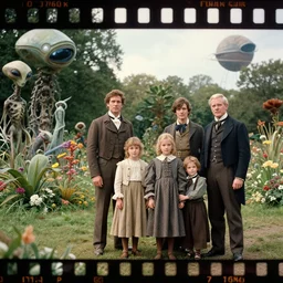 sharp, highly detailed, 32768k film, 31500mm film still from a sci fi blockbuster color movie made in 2019, set in 1860, of a family standing in a park, next to some strange alien plants and flowers, on an alien planet, the family are all wearing 1860s era clothes, good lighting, good photography, in focus, 35mm macro lens
