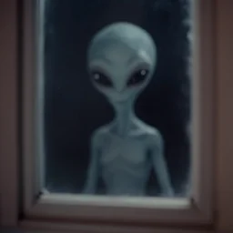 grey alien at the window, blurry photo, night