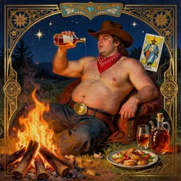 a dramatic, epic, ethereal painting of a !!handsome!! extra thicc mischievous shirtless cowboy with a beer belly!! wearing a large belt and bandana offering a whiskey bottle | he is relaxing by a campfire | background is a late night with food and jugs of whisky | homoerotic | stars, tarot card, art deco, art nouveau, intricate | by Mark Maggiori (((and Alphonse Mucha))) | trending on artstation
